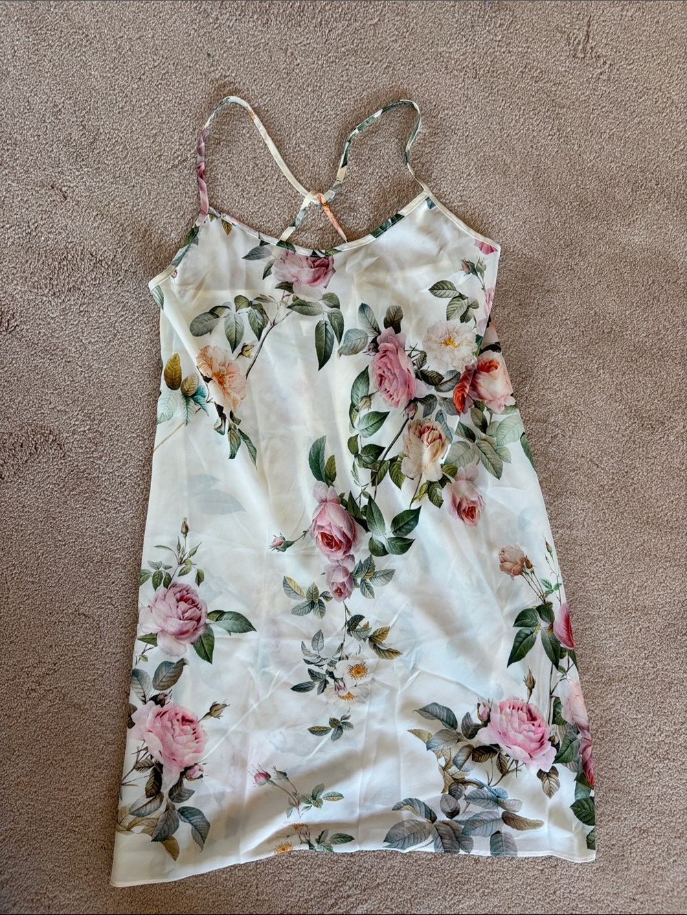 Flora Nikrooz White Satin Slip with Pink Rose Floral Print